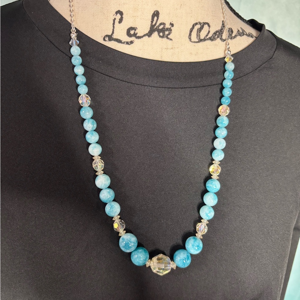 Ocean Blue Jade Necklace with Upcycled Crystals